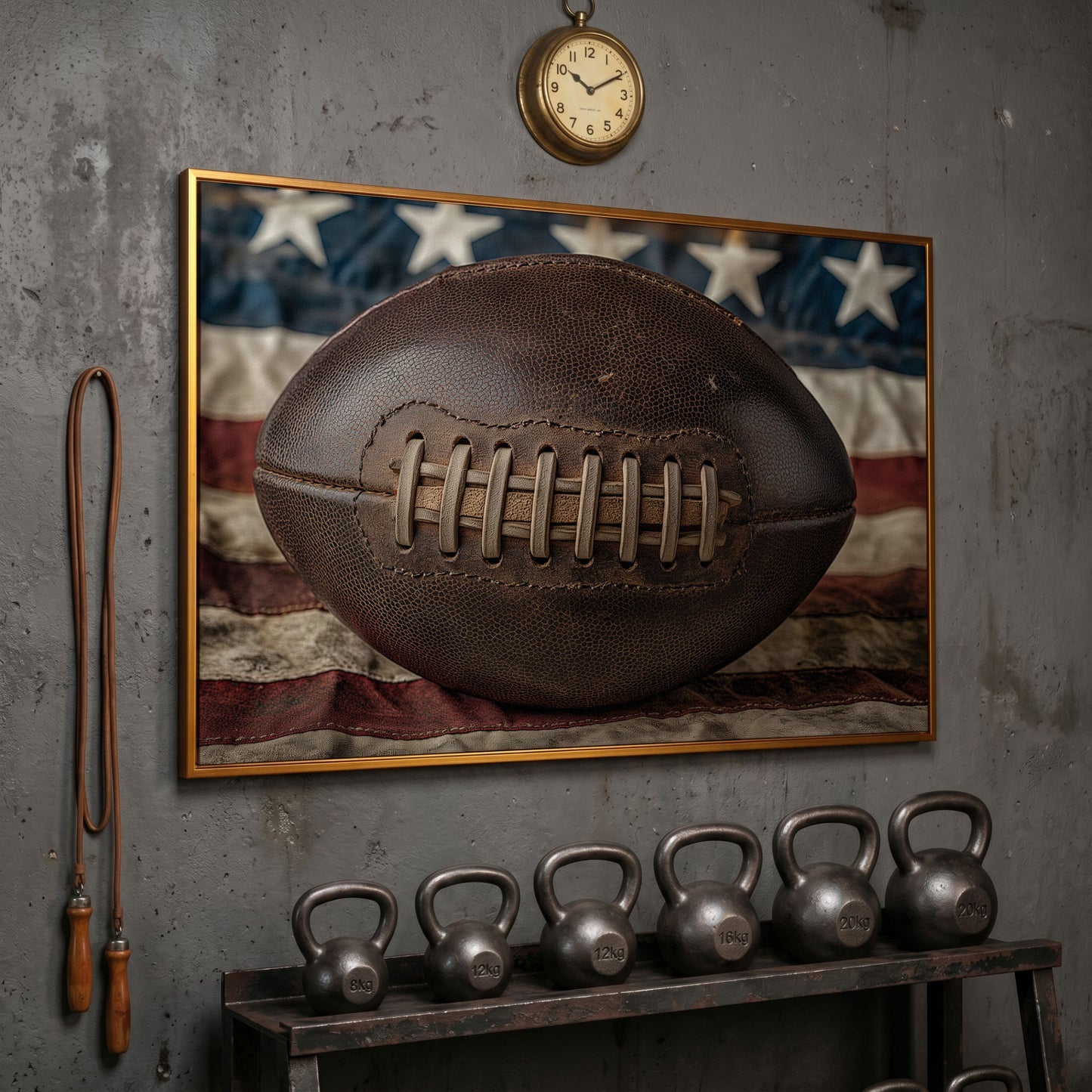 Vintage Football & Flag Canvas Print in antique gold floating frame