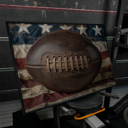 Vintage Football & Flag Canvas Print in black floating frame