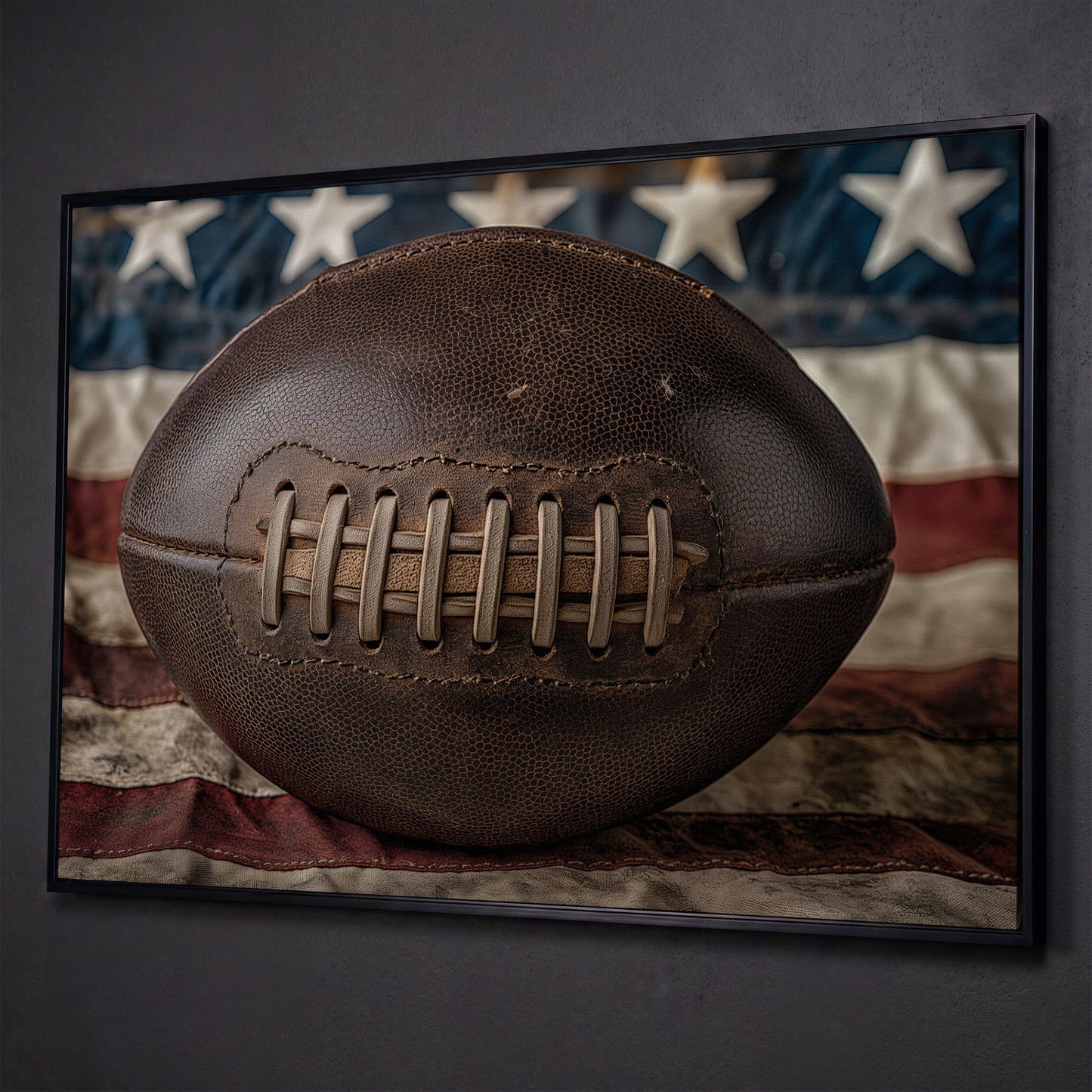 Vintage Football & Flag Canvas Print shown in black floating frame
