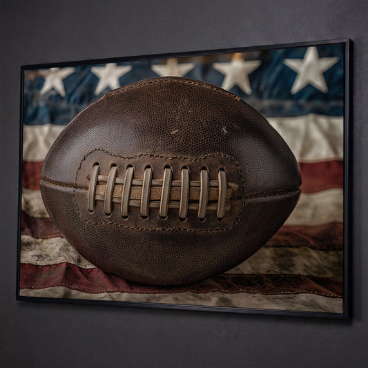 Vintage Football & Flag Canvas Print shown in black floating frame