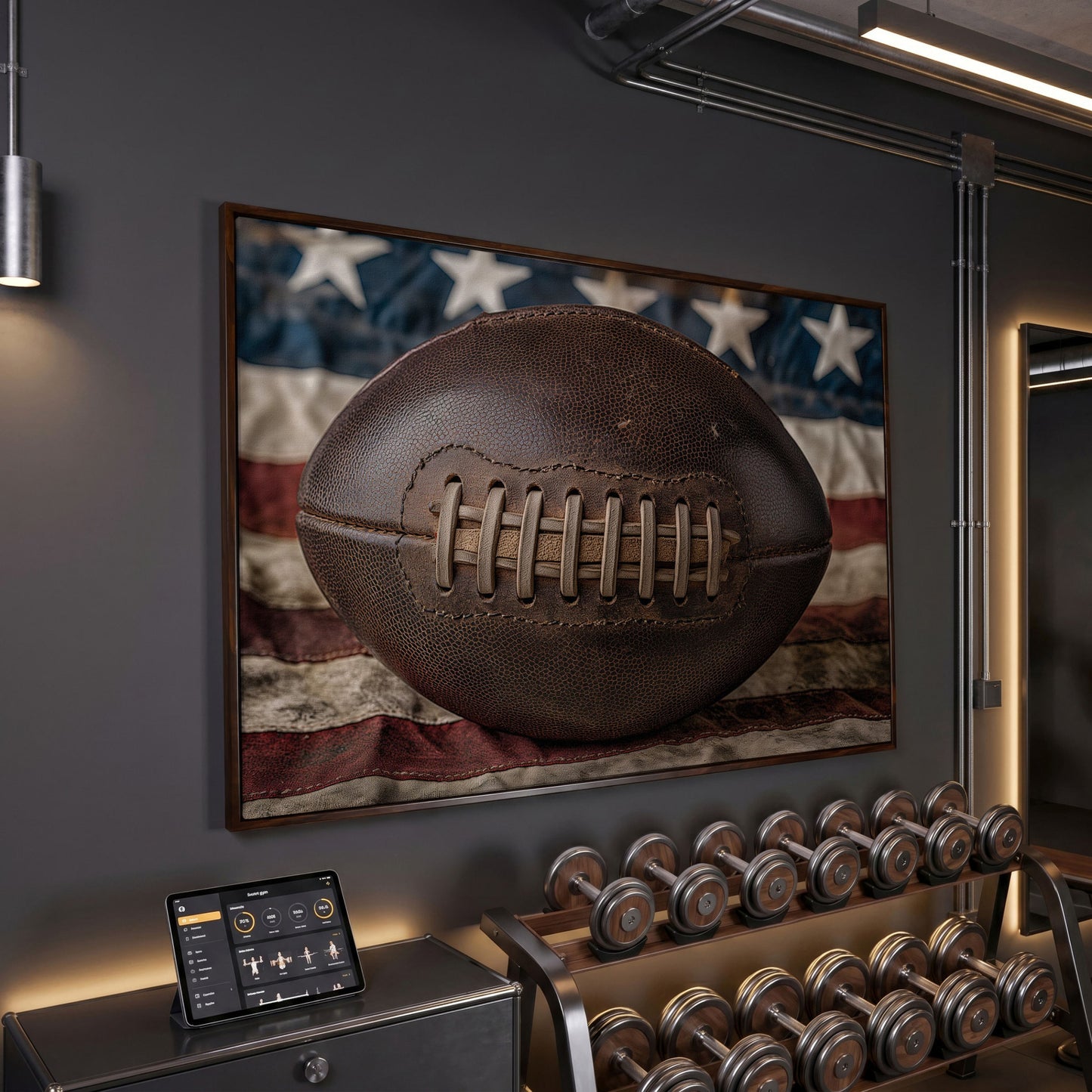 Vintage Football & Flag Canvas Print in dark walnut floating frame