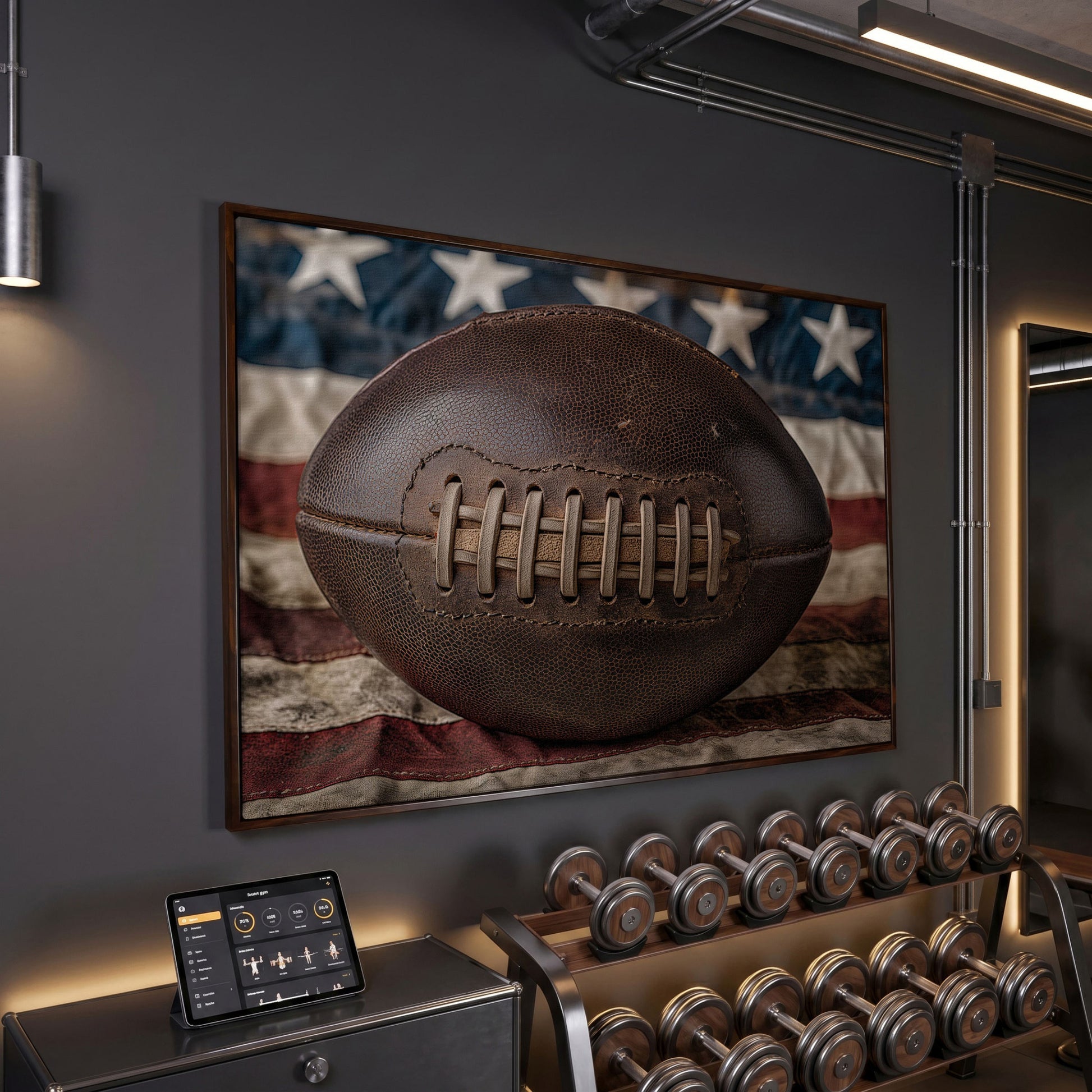 Vintage Football & Flag Canvas Print in dark walnut floating frame