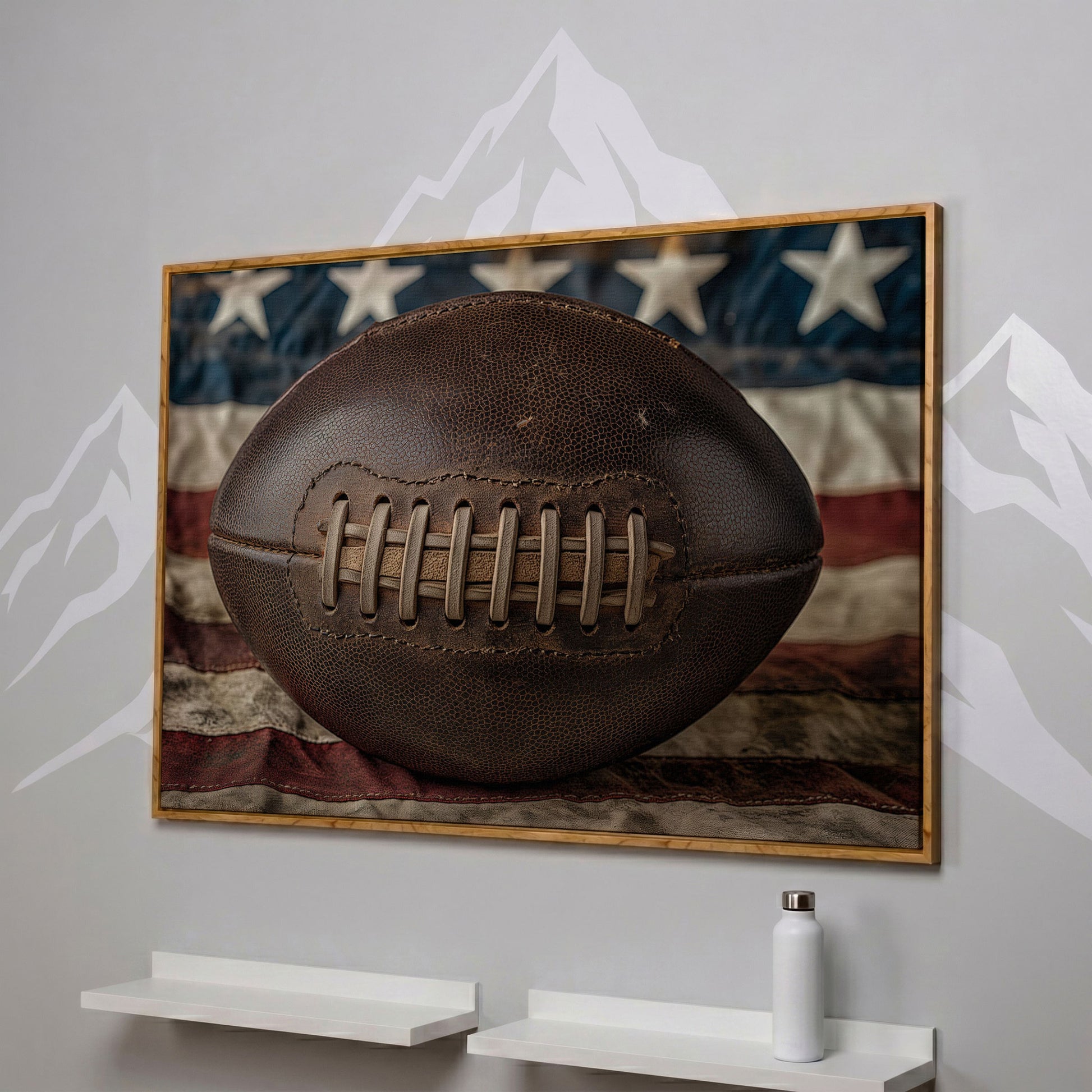 Vintage Football & Flag Canvas Print in white oak floating frame