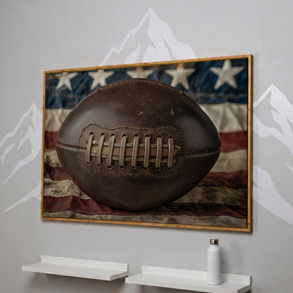 Vintage Football & Flag Canvas Print in white oak floating frame