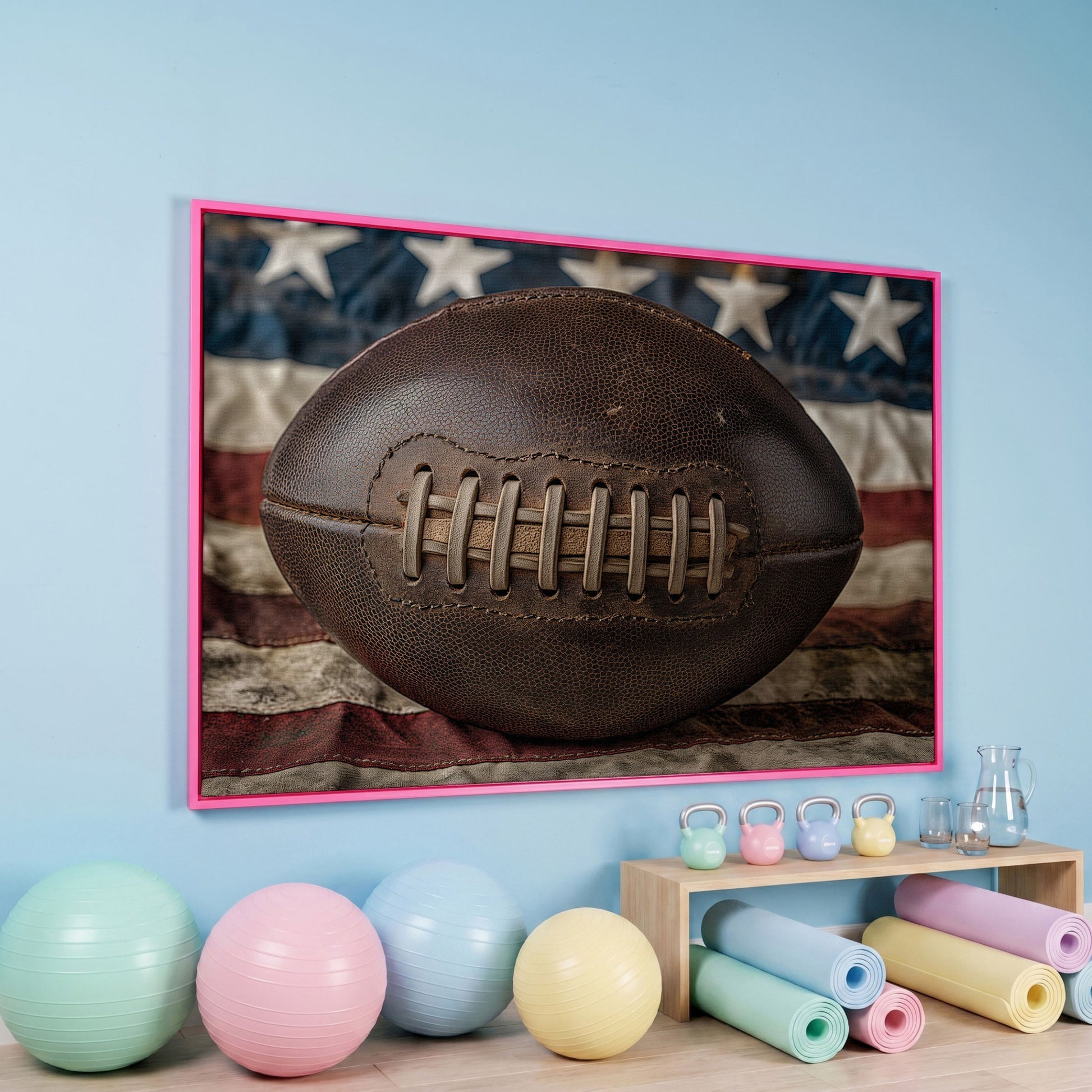 Vintage Football & Flag Canvas Print in pink floating frame