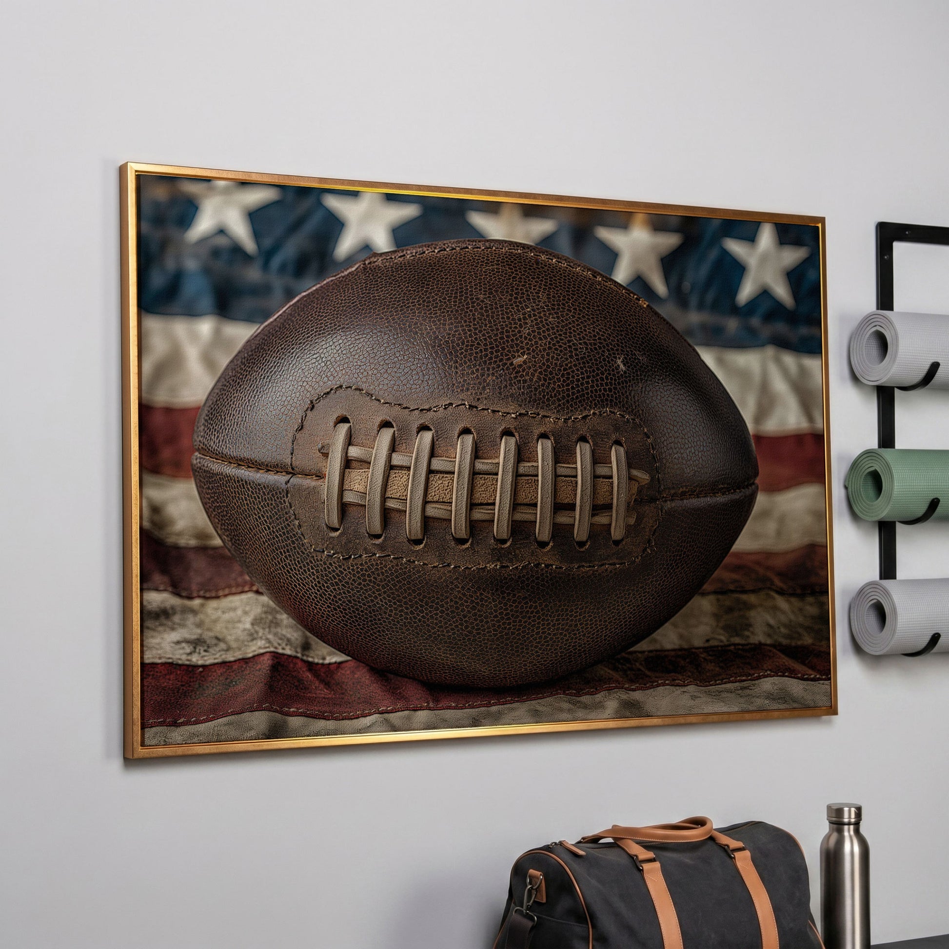 Vintage Football & Flag Canvas Print in rose gold floating frame