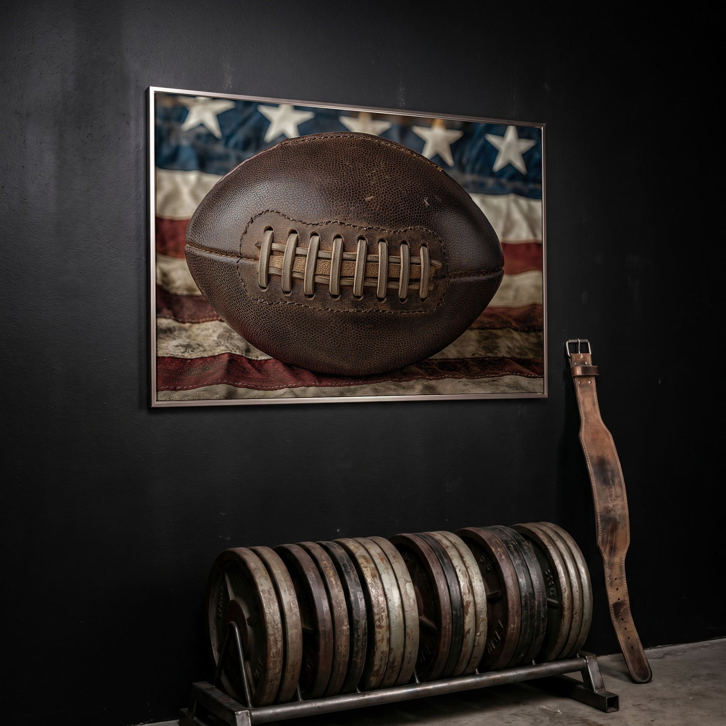Vintage Football & Flag Canvas Print in silver floating frame