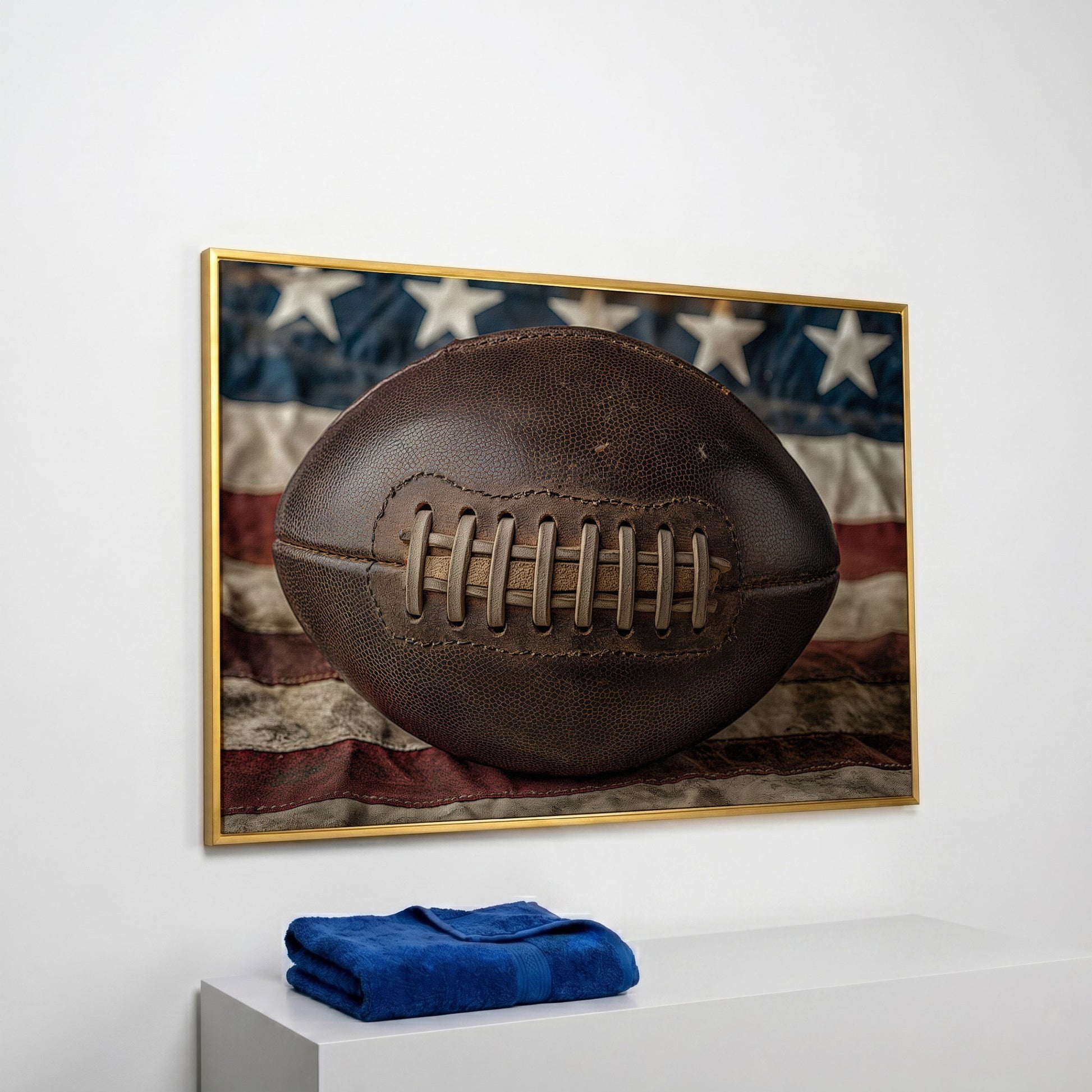 Vintage Football & Flag Canvas Print in yellow gold floating frame