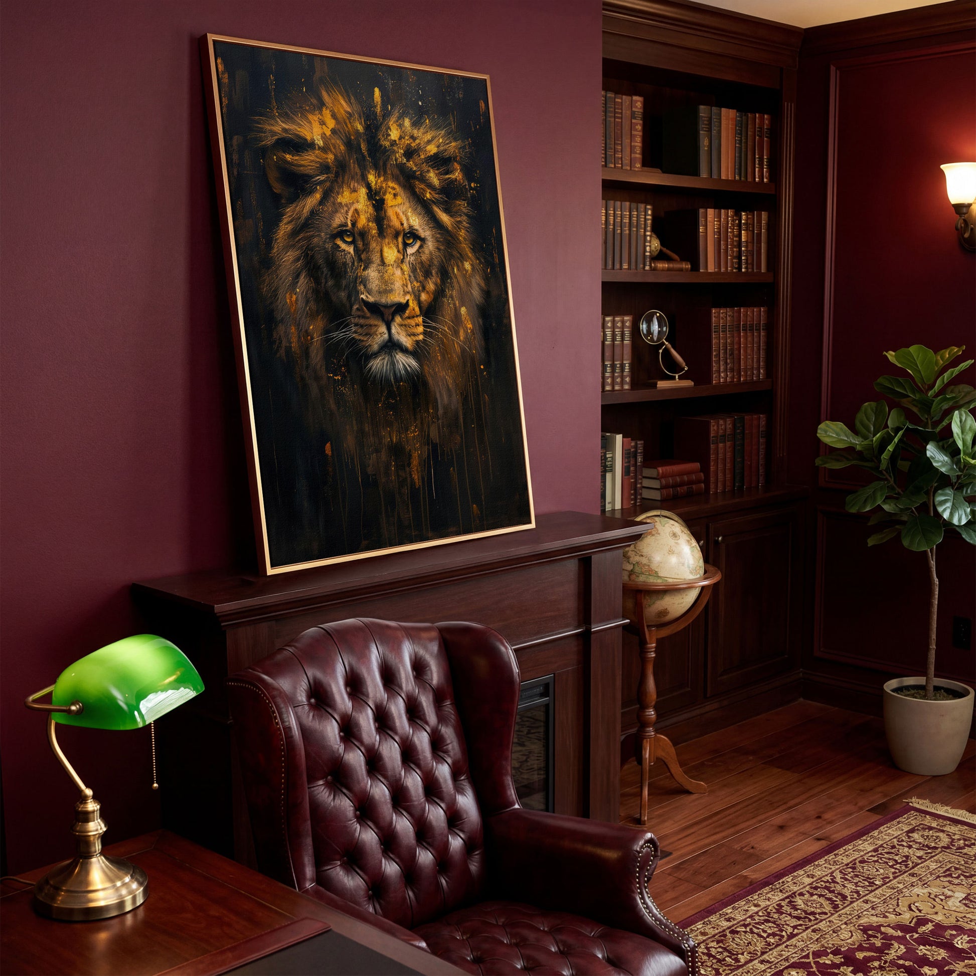 Majestic Lion Golden Abstract Canvas in antique gold floating frame