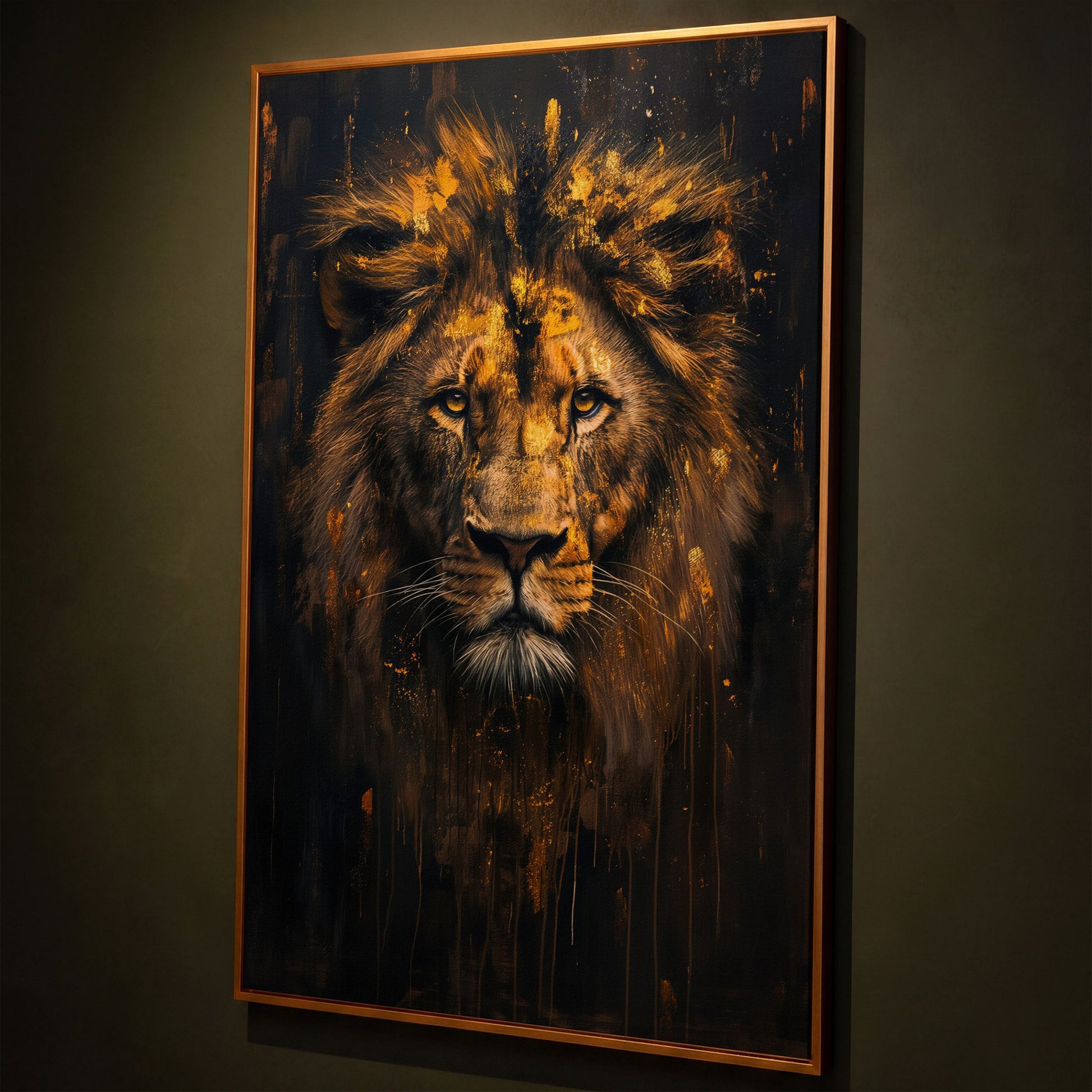 Majestic Lion Golden Abstract Canvas shown in antique gold floating frame