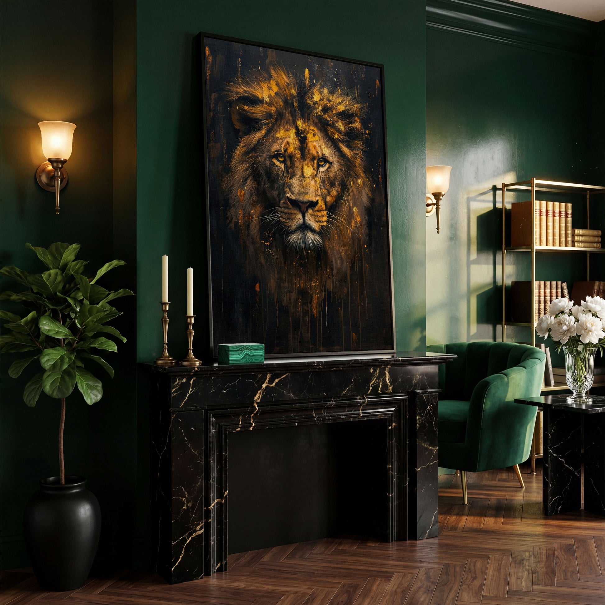 Majestic Lion Golden Abstract Canvas in black floating frame