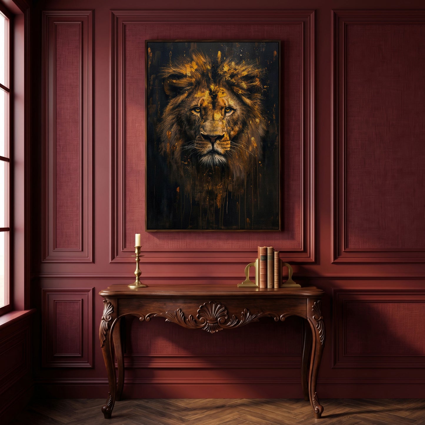 Majestic Lion Golden Abstract Canvas in dark walnut floating frame