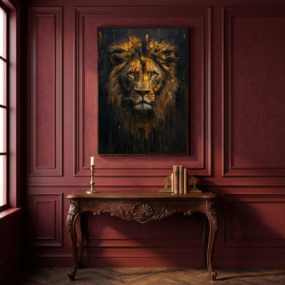 Majestic Lion Golden Abstract Canvas in dark walnut floating frame