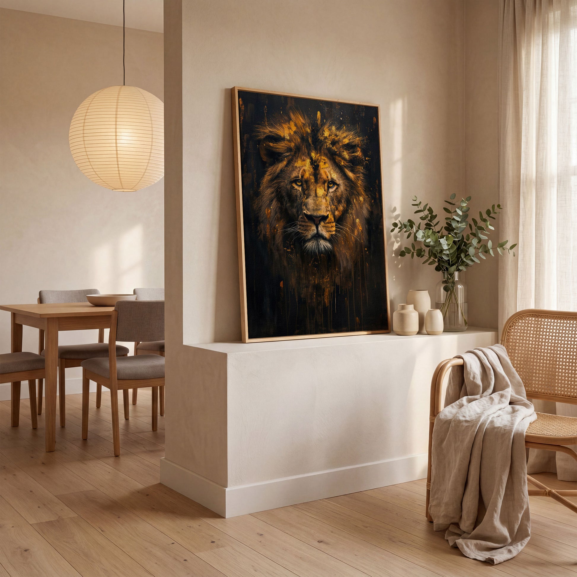 Majestic Lion Golden Abstract Canvas in white oak floating frame