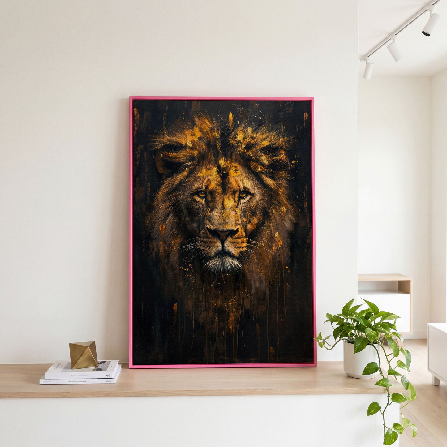 Majestic Lion Golden Abstract Canvas in pink floating frame