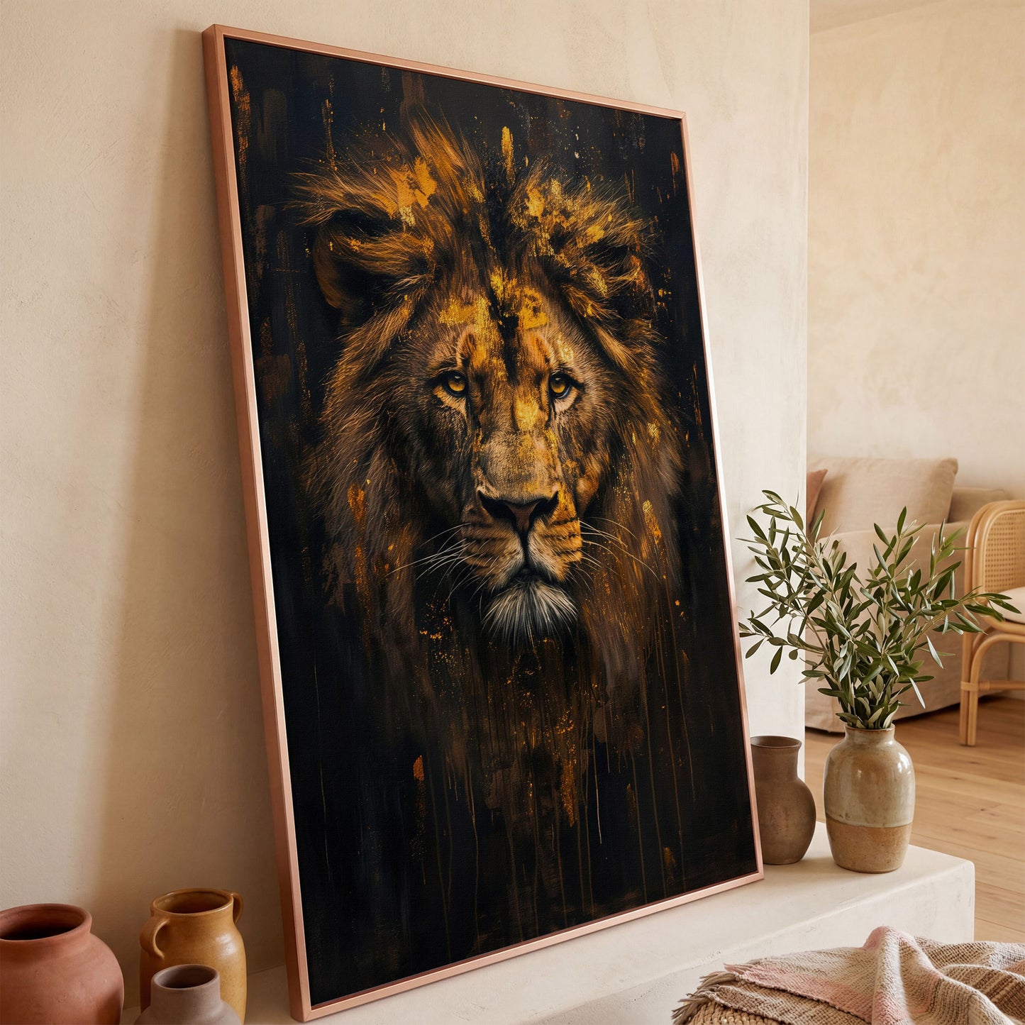 Majestic Lion Golden Abstract Canvas in rose gold floating frame
