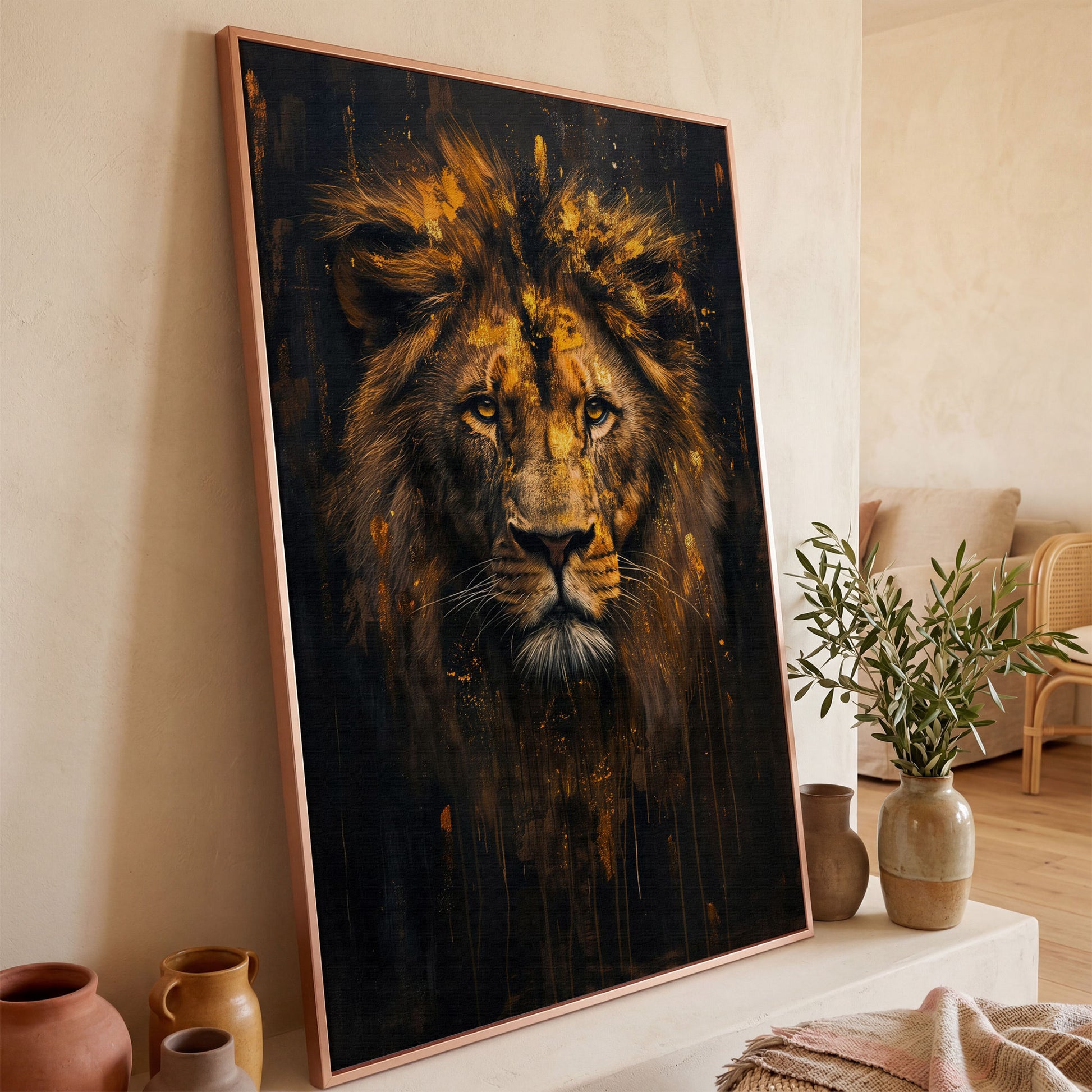 Majestic Lion Golden Abstract Canvas in rose gold floating frame