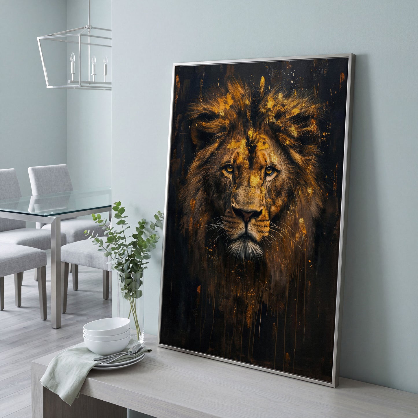 Majestic Lion Golden Abstract Canvas in silver floating frame