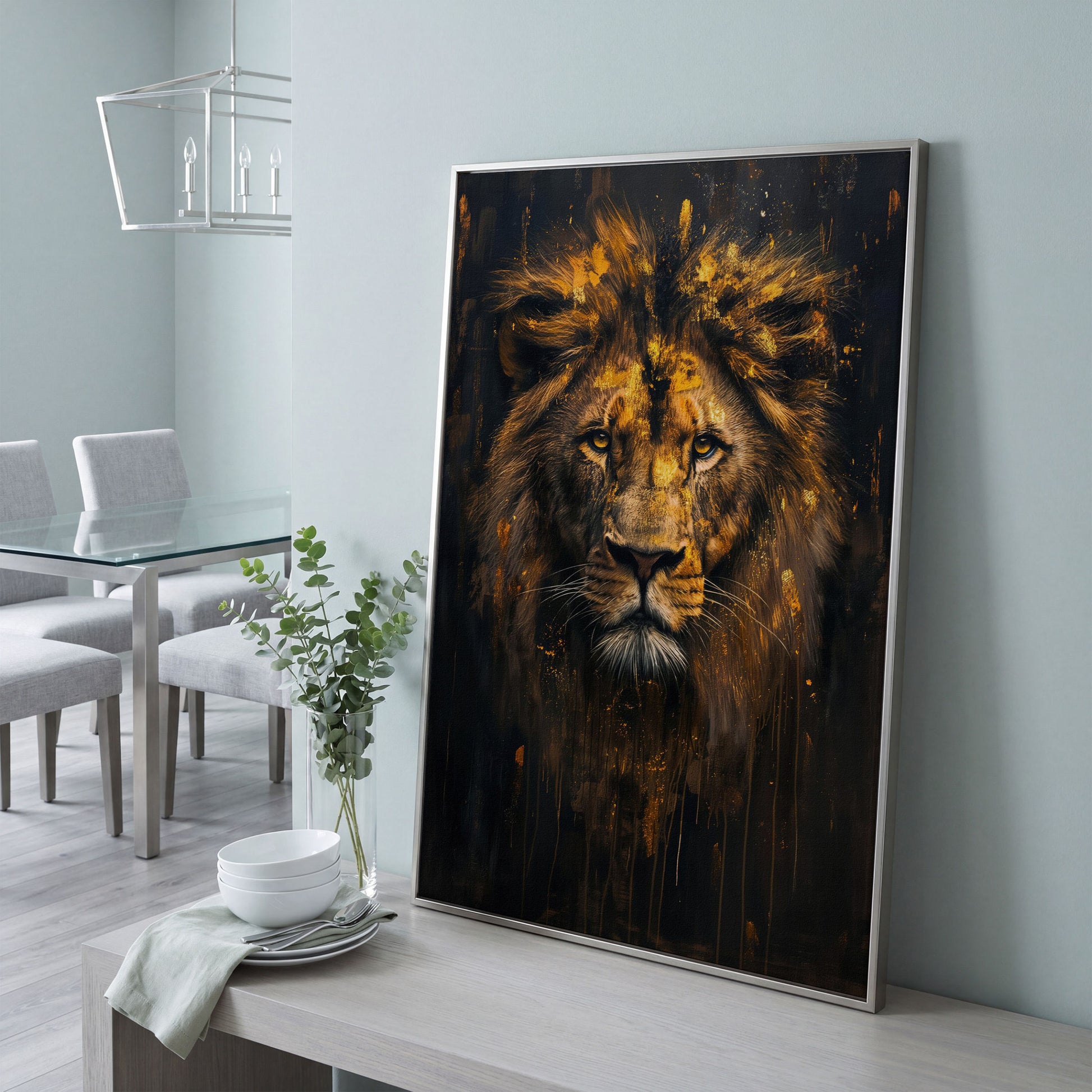 Majestic Lion Golden Abstract Canvas in silver floating frame