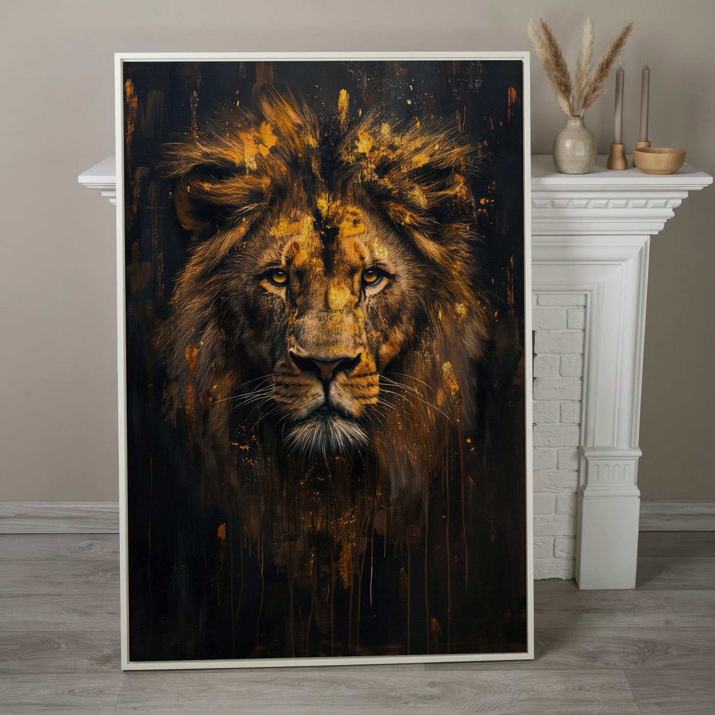 Majestic Lion Golden Abstract Canvas in white floating frame