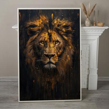 Majestic Lion Golden Abstract Canvas in white floating frame