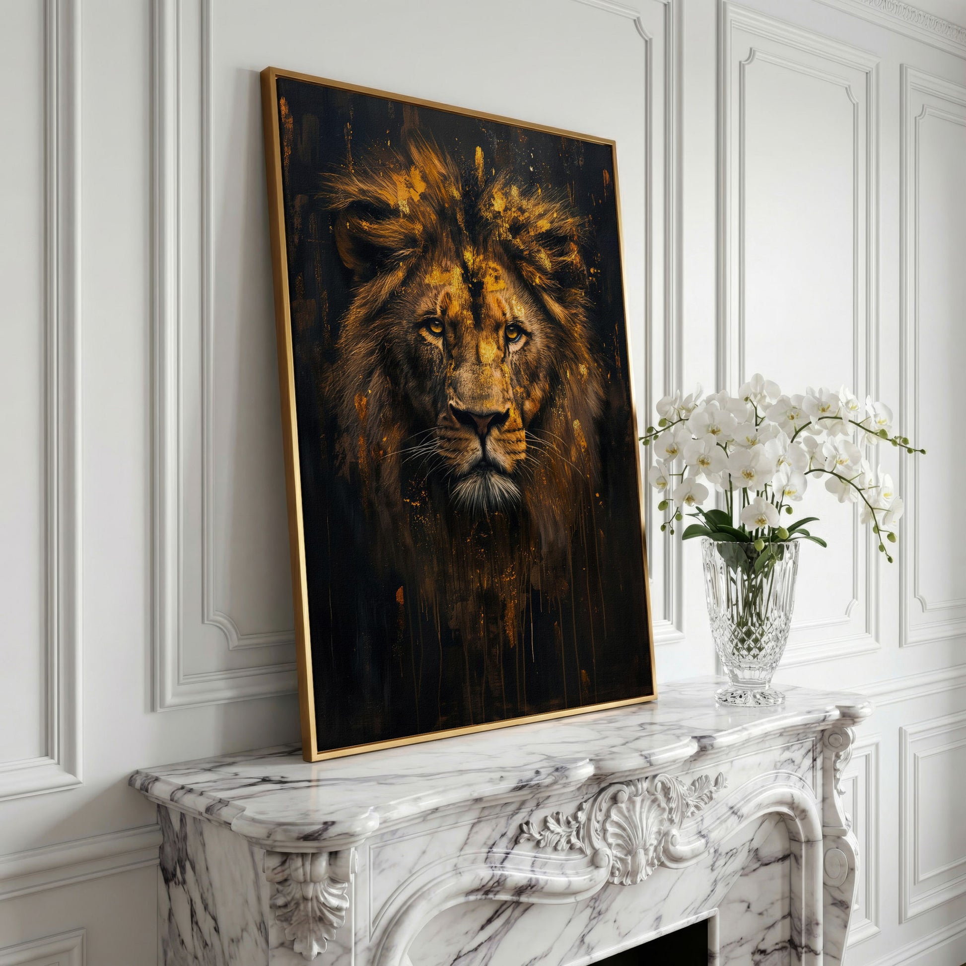 Majestic Lion Golden Abstract Canvas in yellow gold floating frame