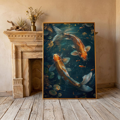 Koi Fish Canvas Print in Abstract Aquatic Tones in antique gold floating frame