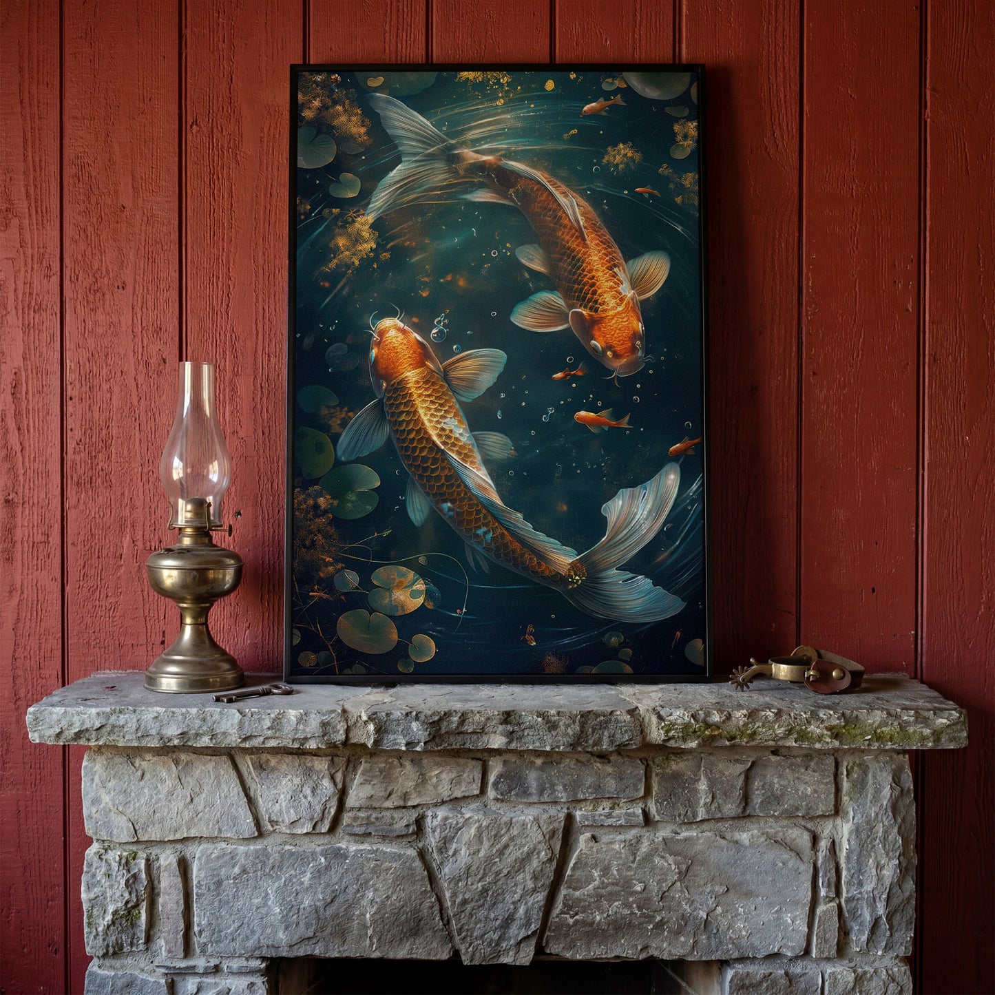 Koi Fish Canvas Print in Abstract Aquatic Tones in black floating frame
