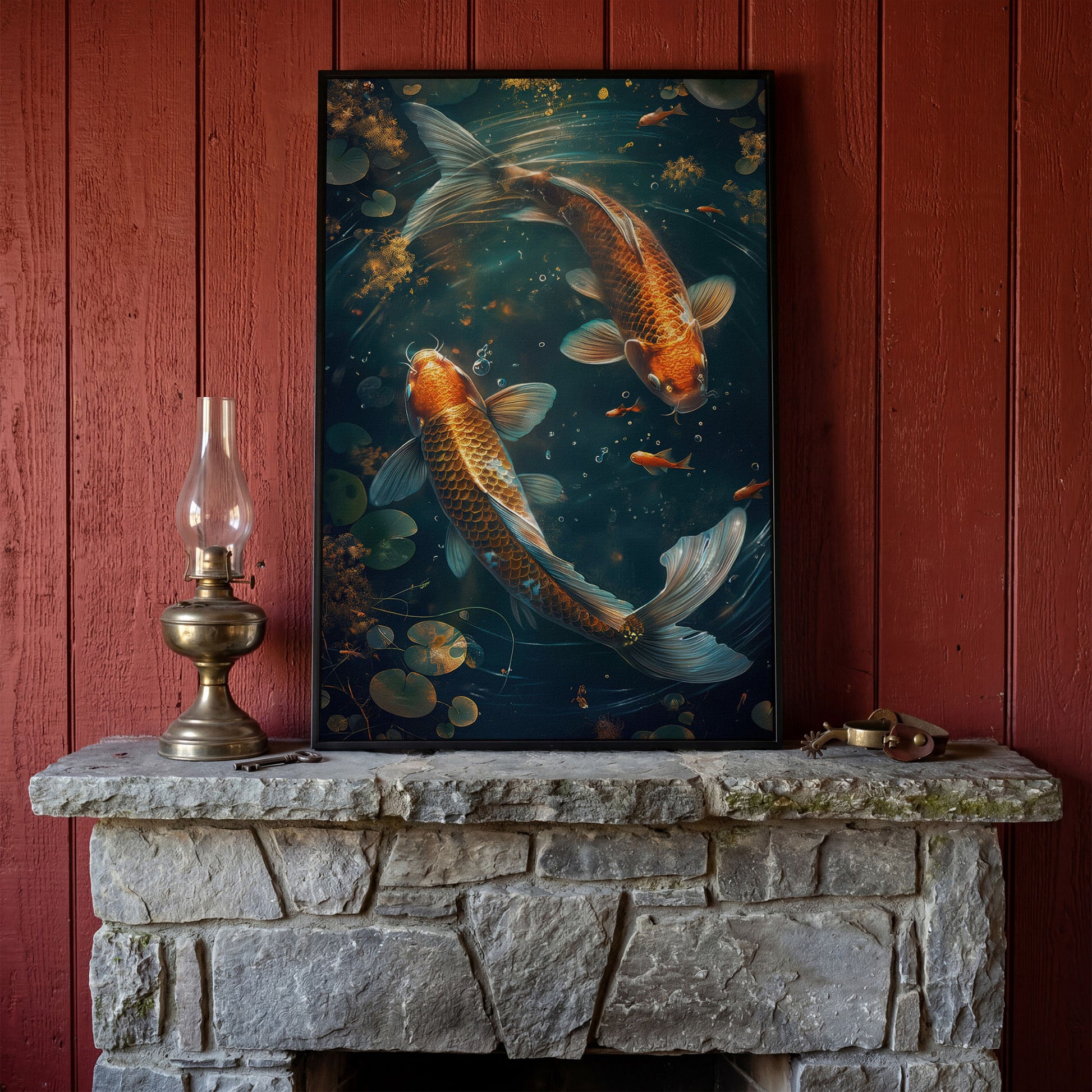 Koi Fish Canvas Print in Abstract Aquatic Tones in black floating frame