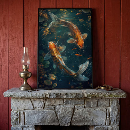 Koi Fish Canvas Print in Abstract Aquatic Tones in black floating frame