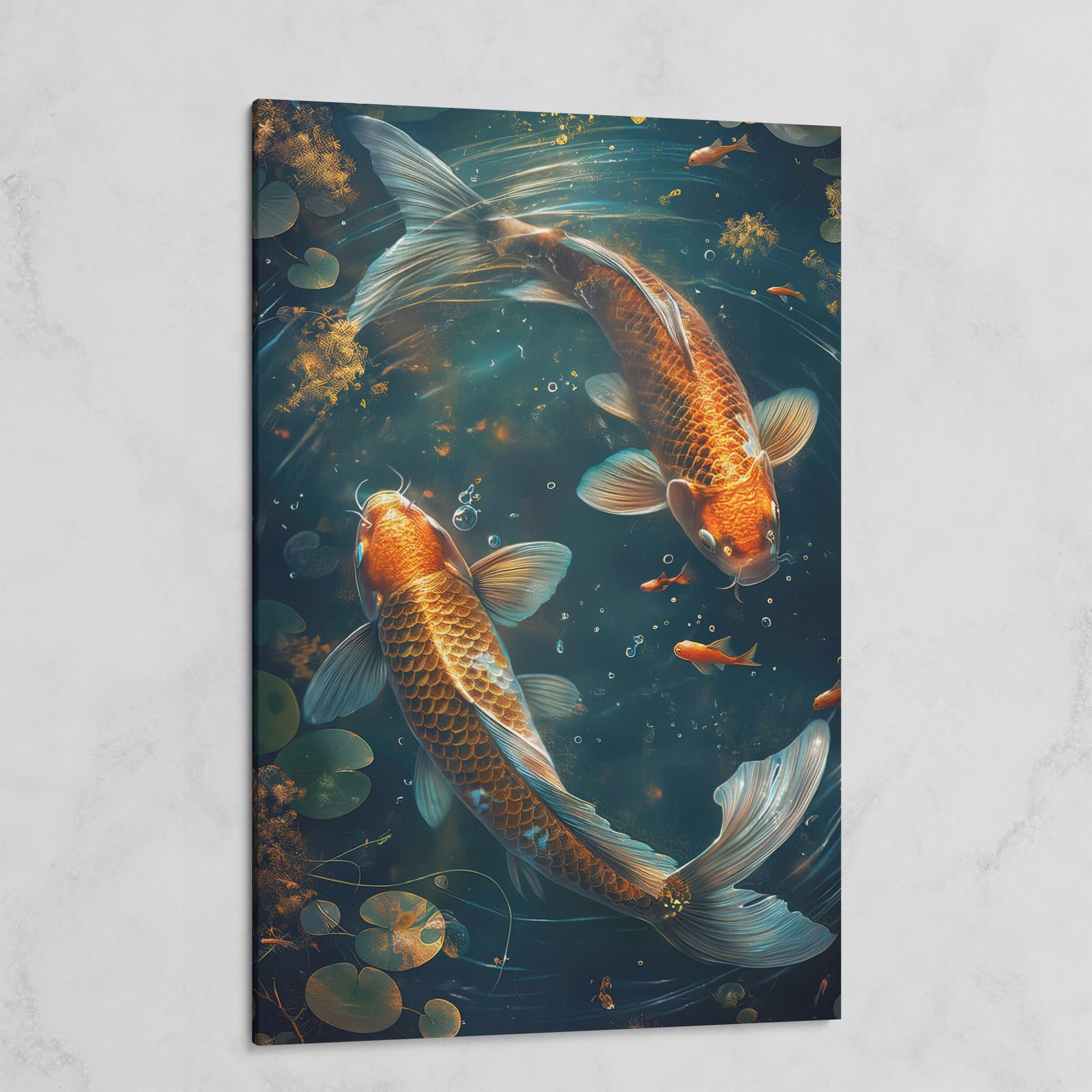 Koi Fish Canvas Print in Abstract Aquatic Tones on gallery wrap