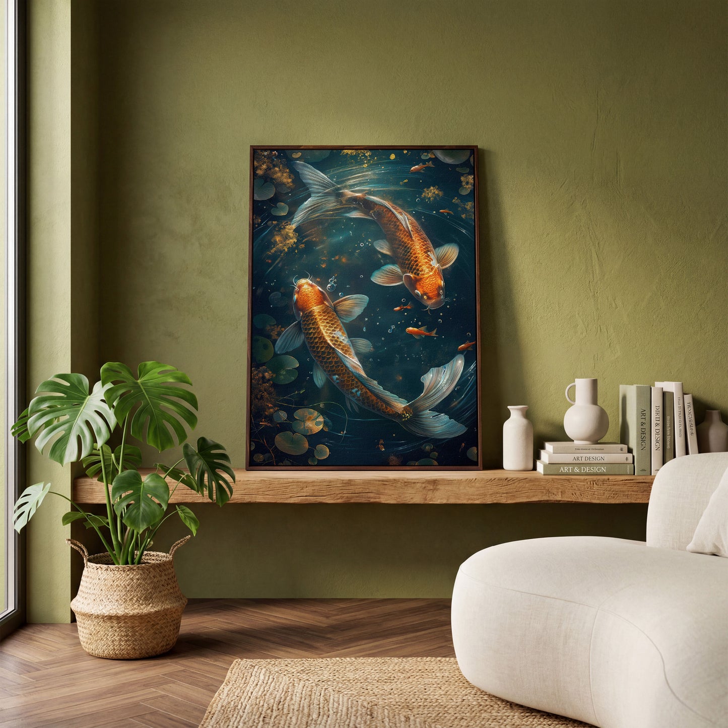 Koi Fish Canvas Print in Abstract Aquatic Tones in dark walnut floating frame