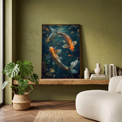 Koi Fish Canvas Print in Abstract Aquatic Tones in dark walnut floating frame