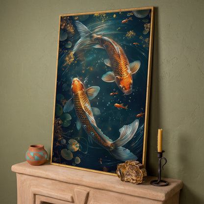 Koi Fish Canvas Print in Abstract Aquatic Tones in white oak floating frame