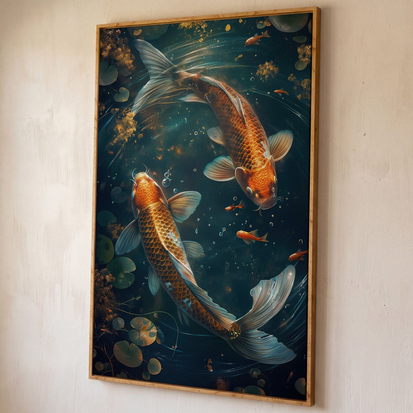 Koi Fish Canvas Print in Abstract Aquatic Tones shown in white oak floating frame