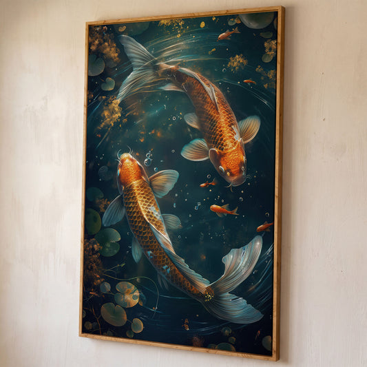 Koi Fish Canvas Print in Abstract Aquatic Tones shown in white oak floating frame