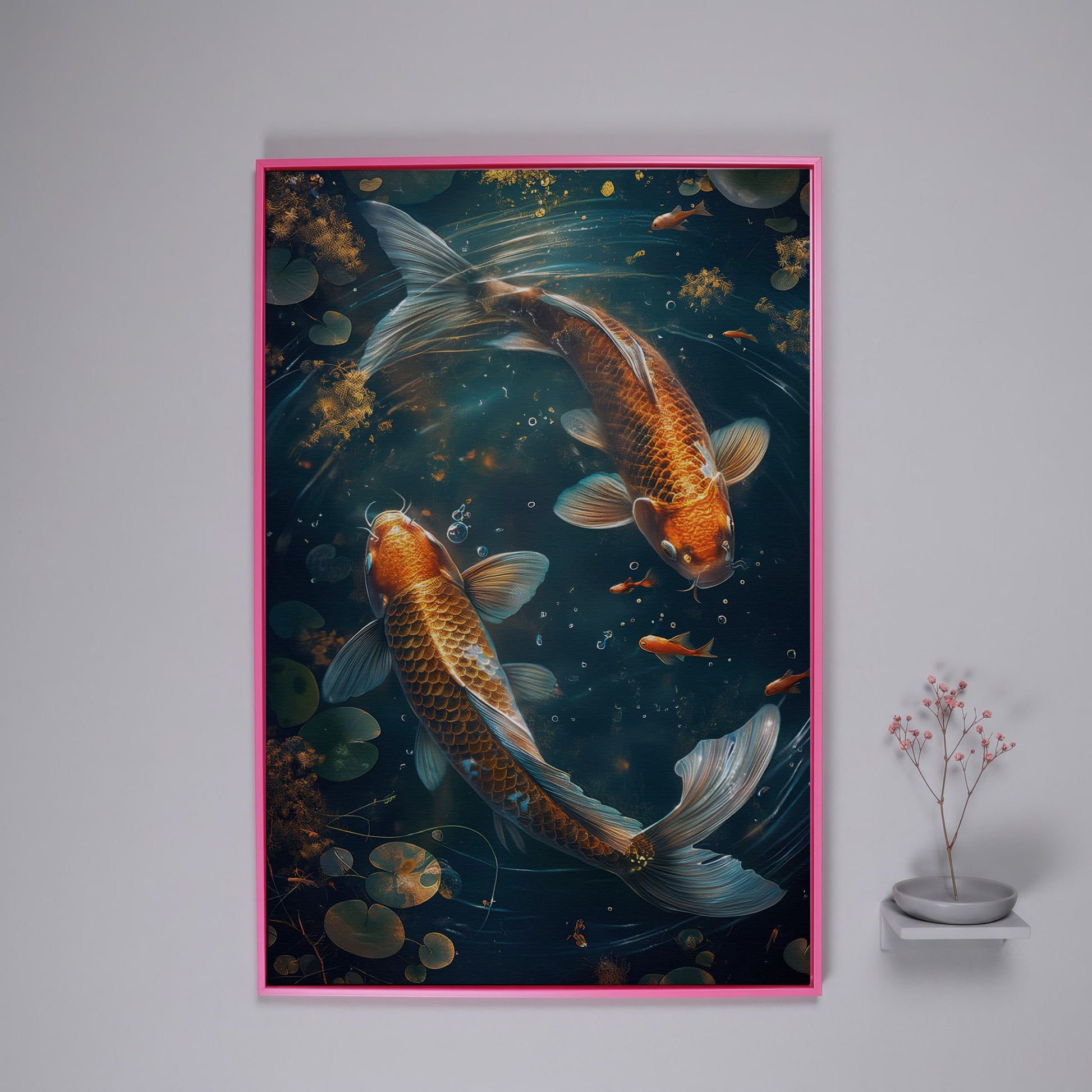 Koi Fish Canvas Print in Abstract Aquatic Tones in pink floating frame