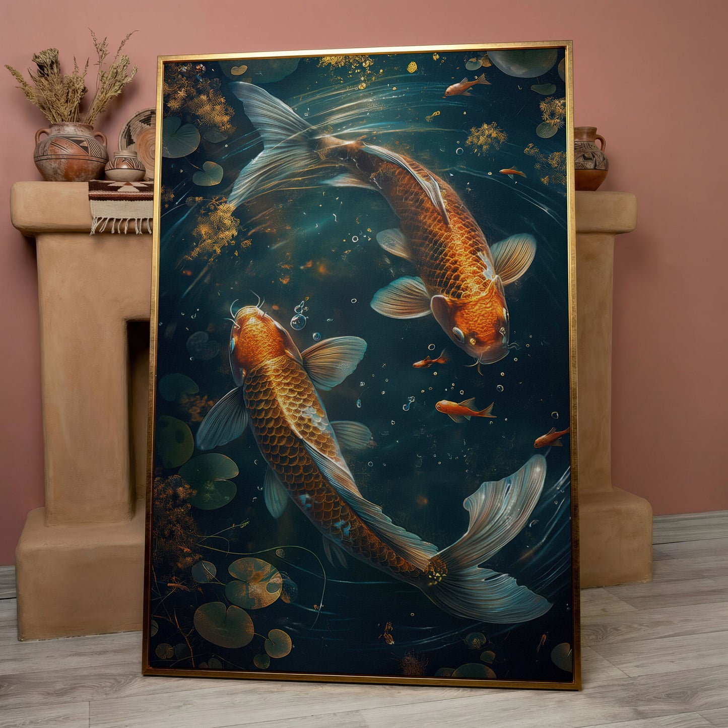 Koi Fish Canvas Print in Abstract Aquatic Tones in rose gold floating frame