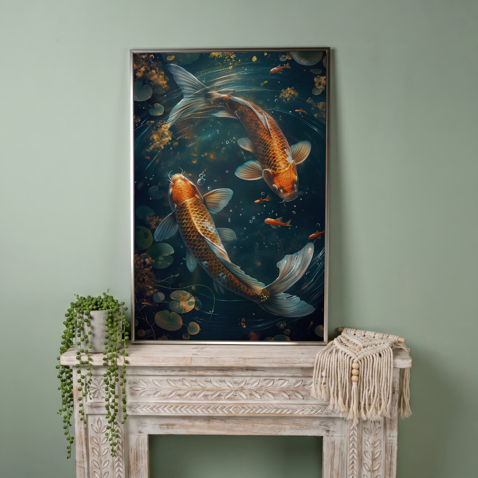 Koi Fish Canvas Print in Abstract Aquatic Tones in silver floating frame