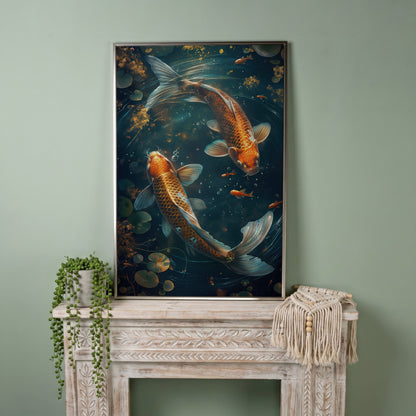 Koi Fish Canvas Print in Abstract Aquatic Tones in silver floating frame