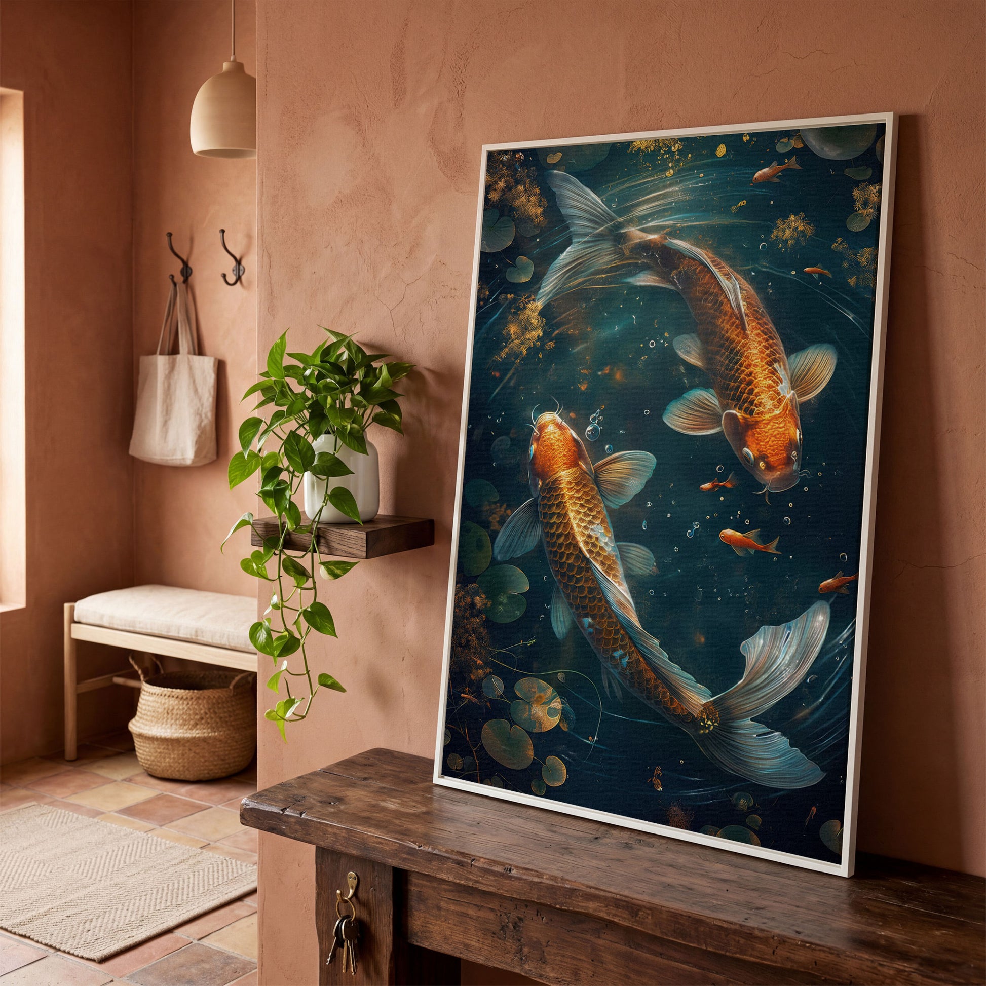 Koi Fish Canvas Print in Abstract Aquatic Tones in white floating frame