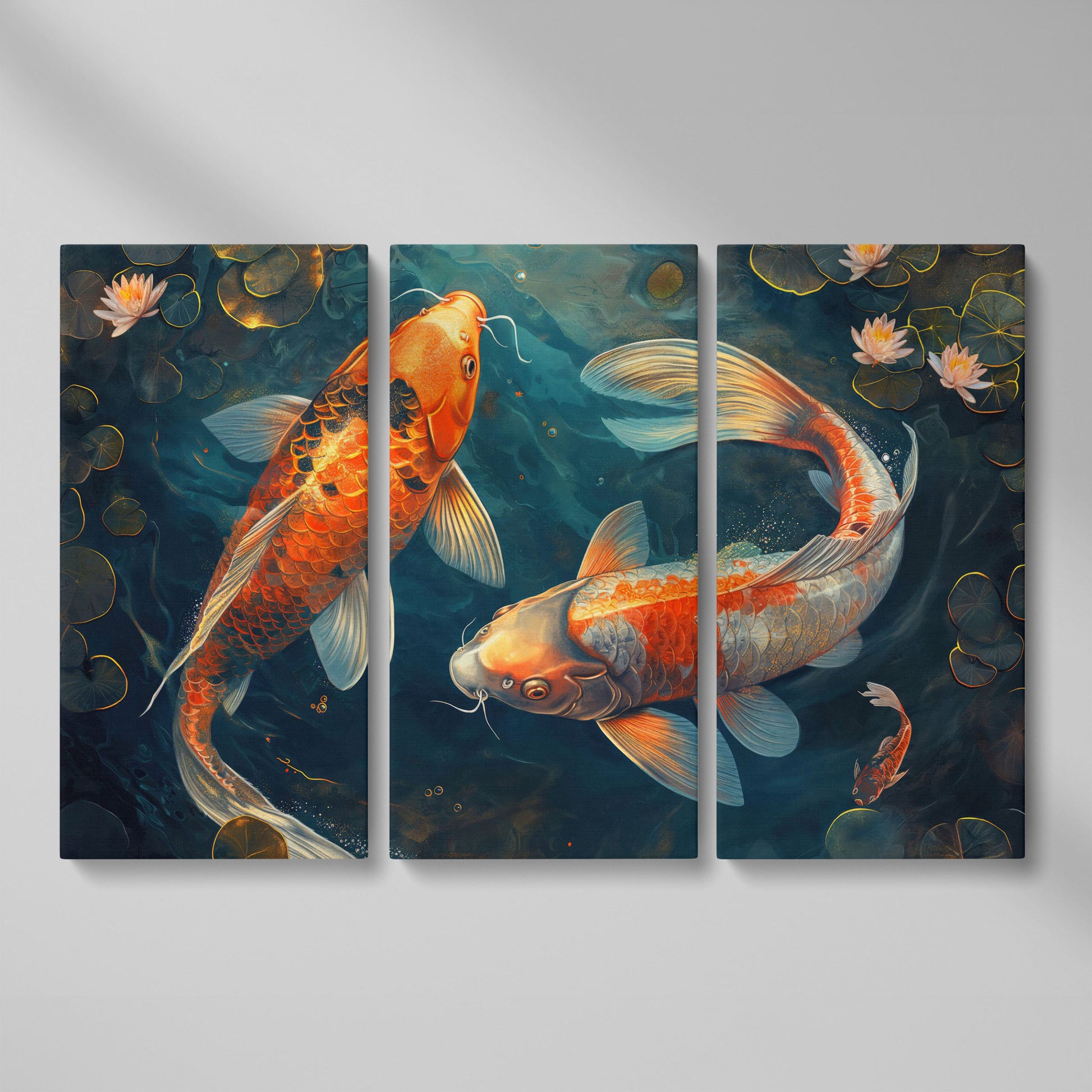 Lively Pond Koi Fish Abstract Canvas as 3-panel split version