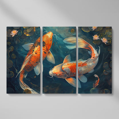 Lively Pond Koi Fish Abstract Canvas as 3-panel split version