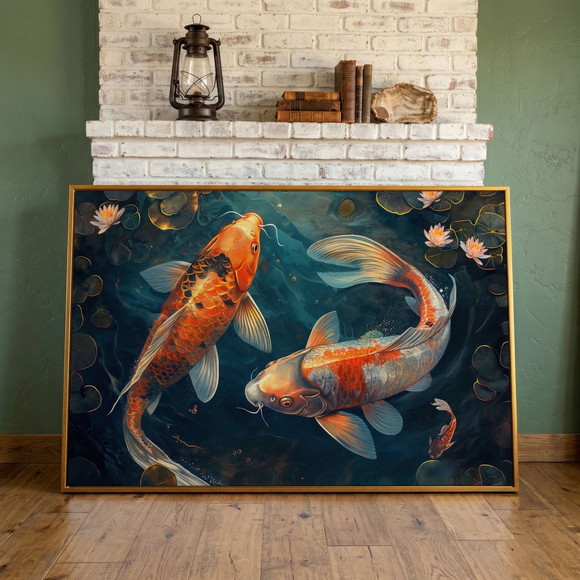 Lively Pond Koi Fish Abstract Canvas in antique gold floating frame