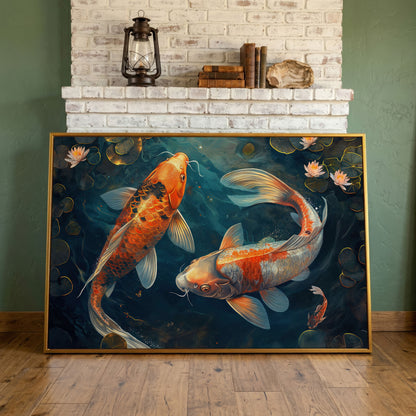 Lively Pond Koi Fish Abstract Canvas in antique gold floating frame