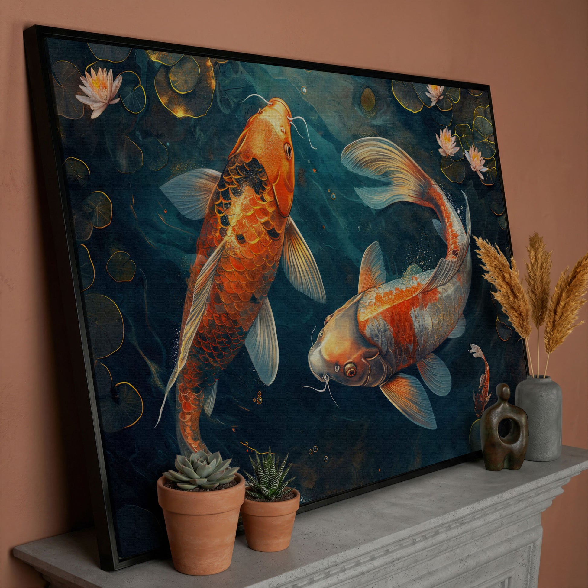 Lively Pond Koi Fish Abstract Canvas in black floating frame