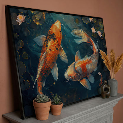 Lively Pond Koi Fish Abstract Canvas in black floating frame