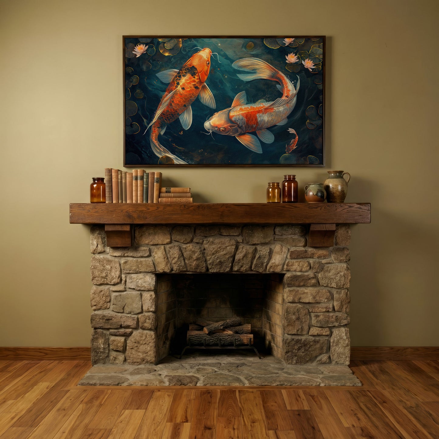 Lively Pond Koi Fish Abstract Canvas in dark walnut floating frame
