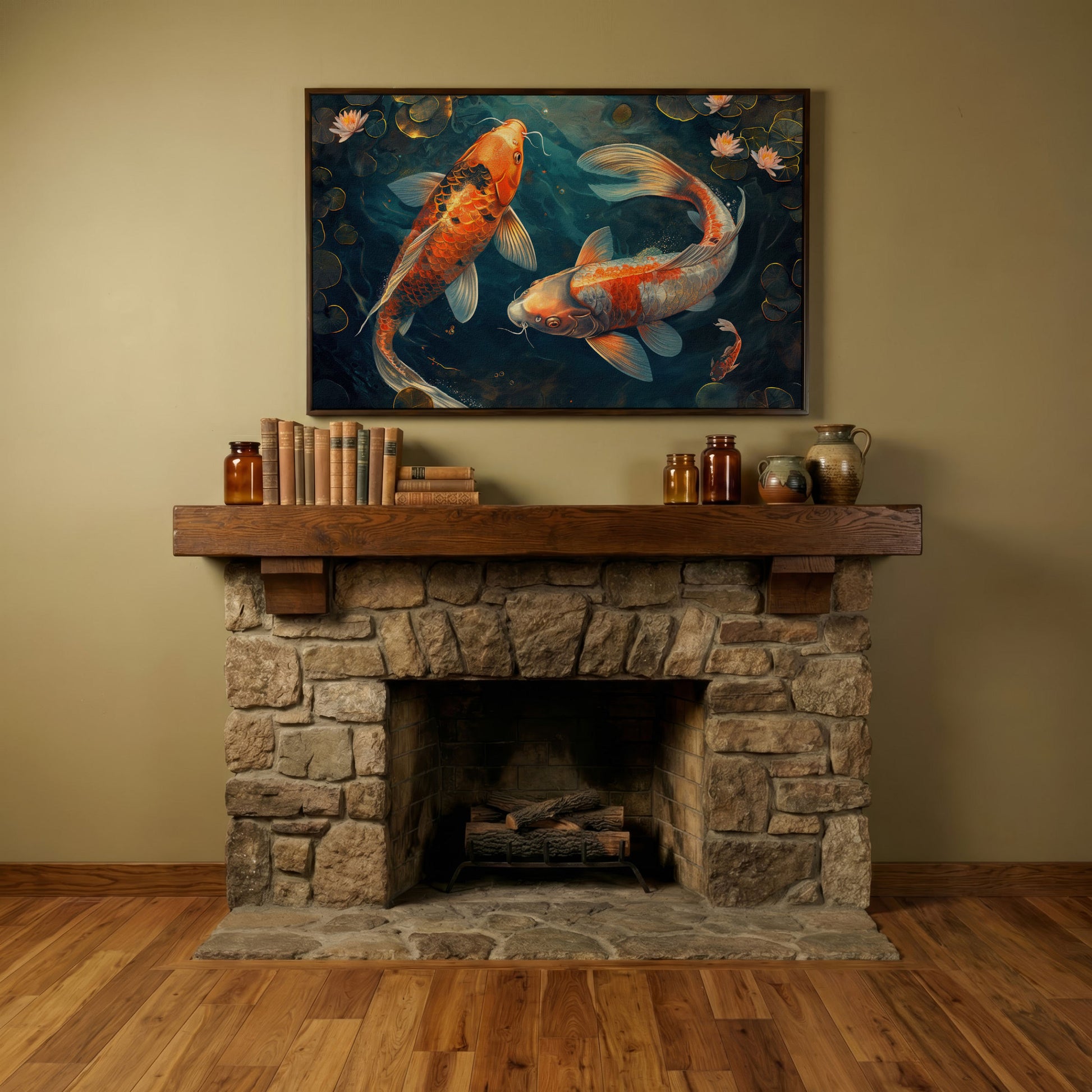 Lively Pond Koi Fish Abstract Canvas in dark walnut floating frame