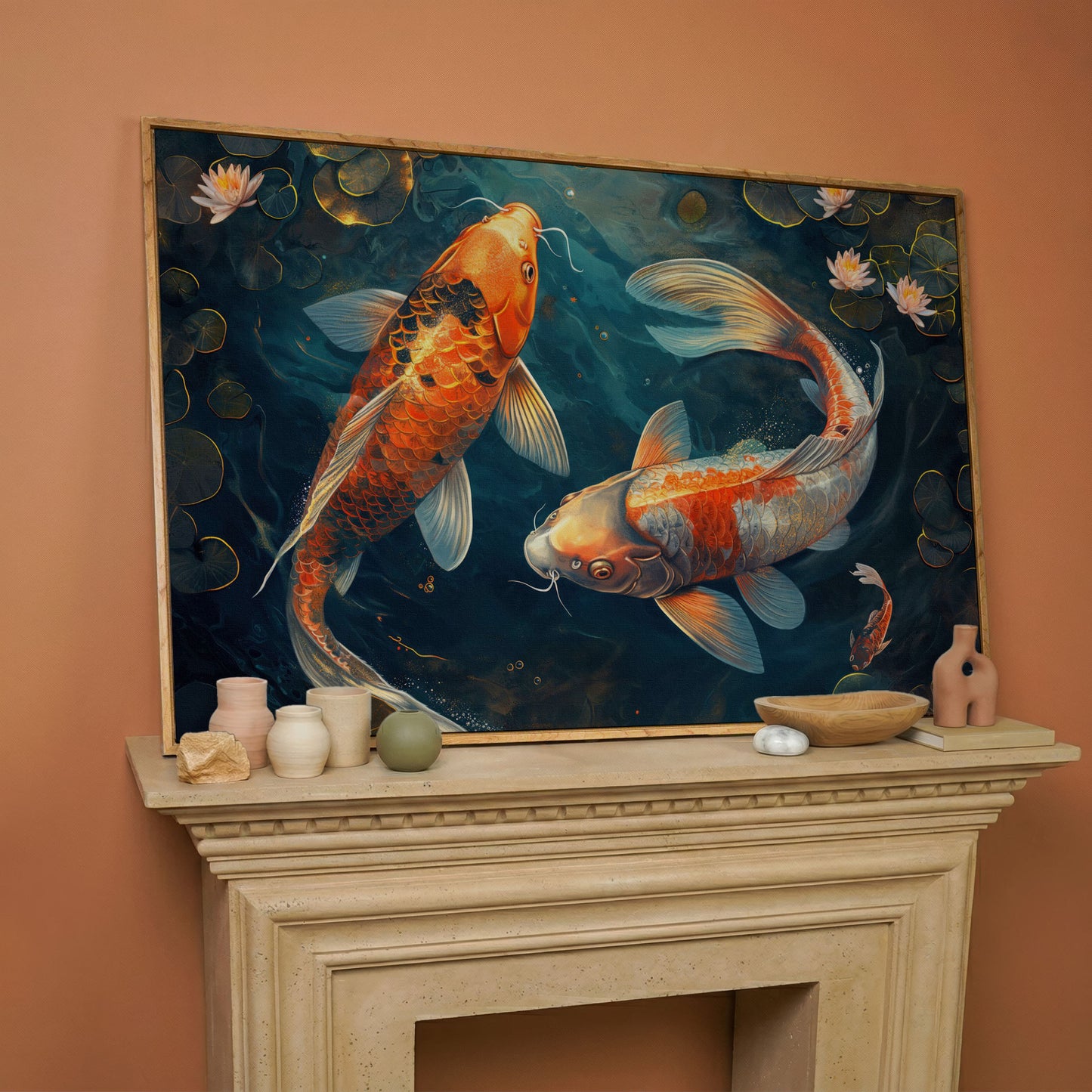 Lively Pond Koi Fish Abstract Canvas in white oak floating frame
